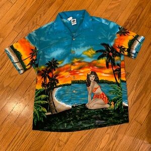 Vintage Kennington Blue Hula Girl Palm Trees Sunset Aloha Hawaiian Shirt